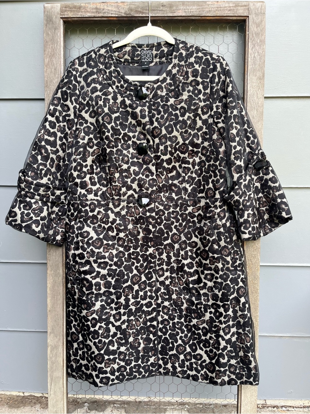 Clara Sunwoo Leopard Print Dress Coat 3/4 Sleeve  Mid Length Size M